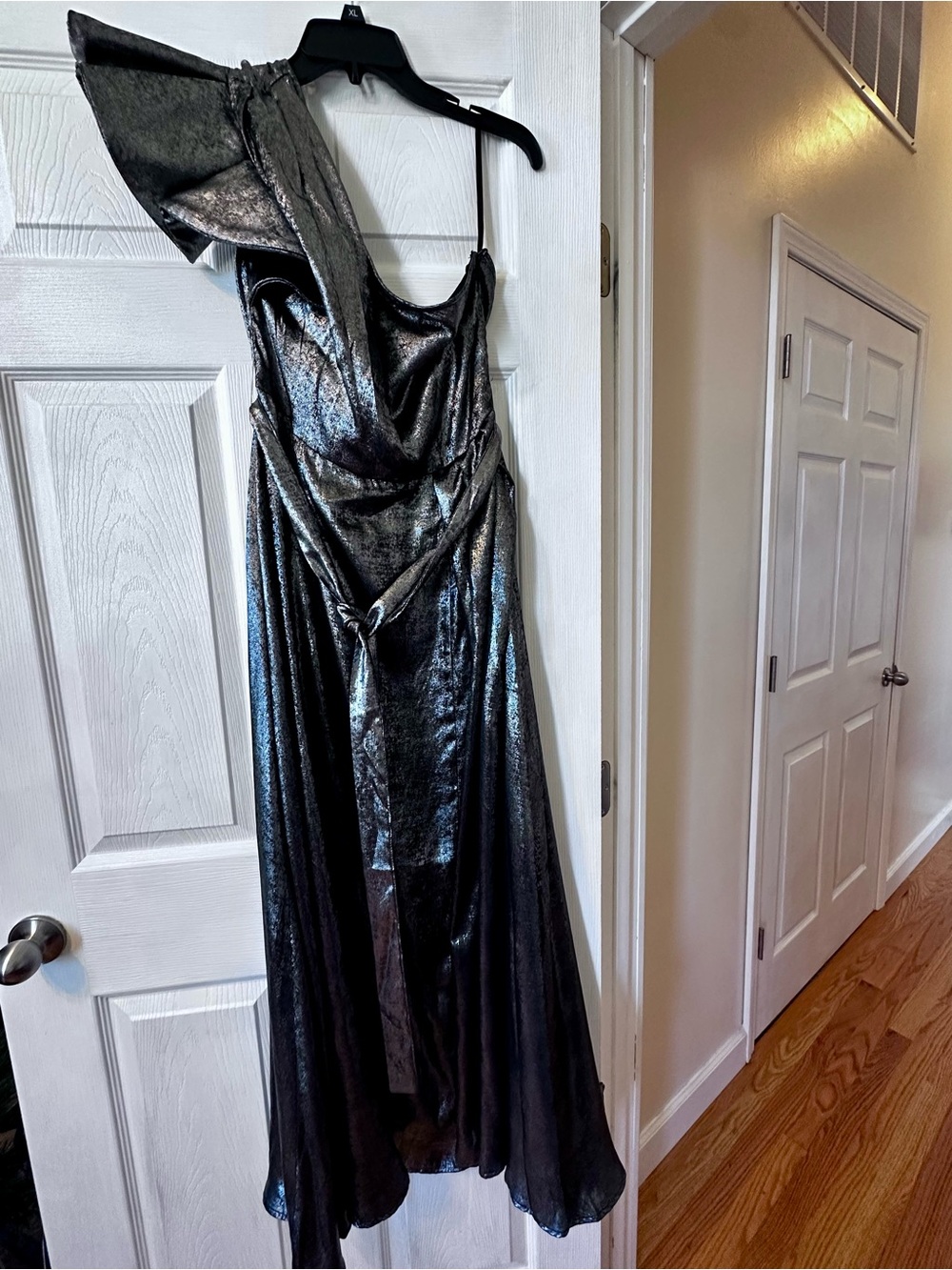 Shimmery One-Shoulder Metallic Black Evening Gown